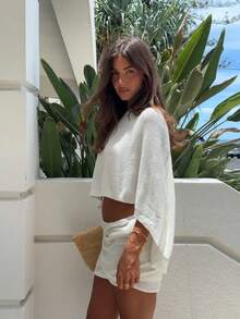 SEREN Spring/Summer New Women Cover Ups, Loose, Casual, Minimalist, Vacation, Seaside Beach, Thin, Transparent, Irregular Hem, Short, Women's Knitted Shirt Top, Women's Beach Wear, White Top, White Cover Ups, White BeachWear, White Knitted Shirt, Summer Holiday Wear, Summer Women's Wear, Summer Music Festival Travel, Bohemian - White - View 4