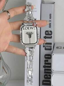 2Pcs/Set Cartoon Pattern Compatible With Apple Watch Case Sparkling Rhinestone PC Plating Protective Cover With HD Hardened Tempered Glass Screen Protector,Full Protective Cover Compatible With Apple Watch Band 38mm 40mm 41mm 42mm 44mm 45mm 46mm 49mm SE Series 11/10/9/8/7/6/5/4/3/2/1 ﻿ - Silver - View 3