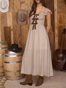 Women's Beige Gingham Maxi Dress Square Neck Ruffle Cap Sleeves Bow Front Western Boho Long Dress For Country Concert - Màu Khaki - Xem 2