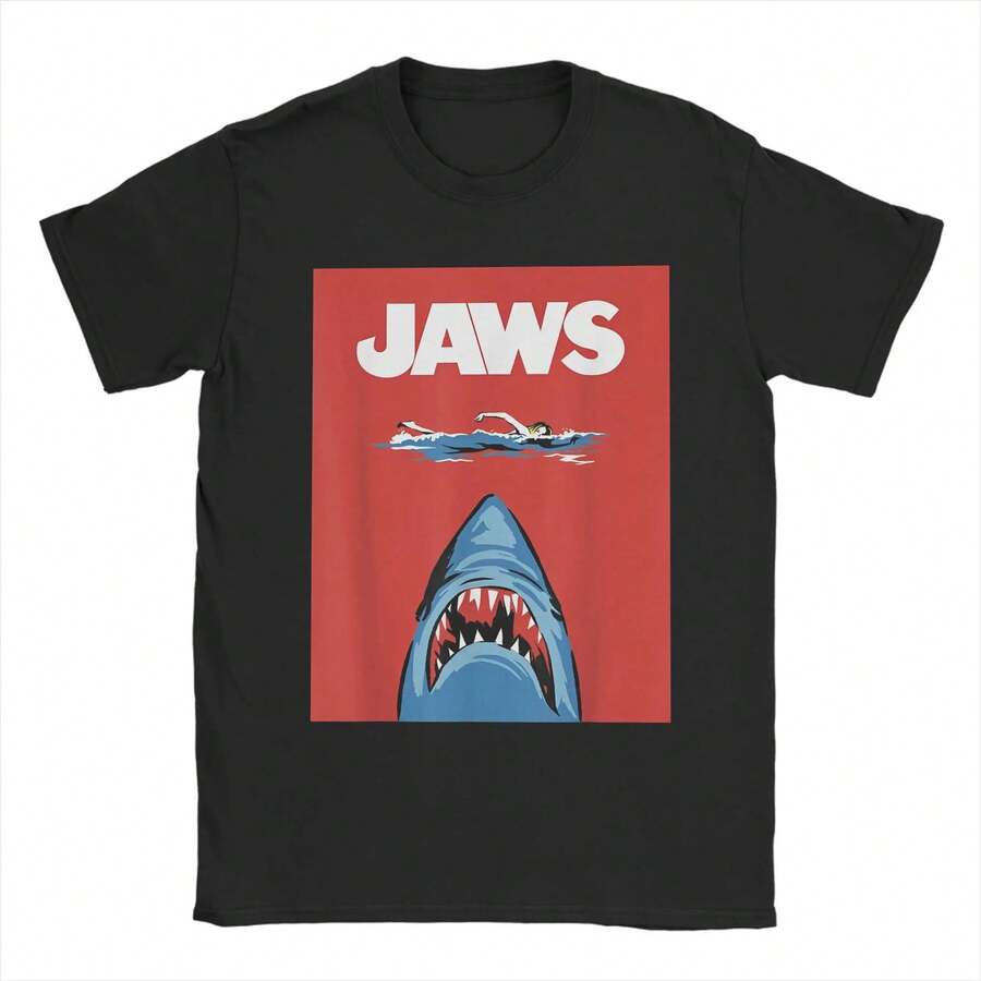 Póster del 50º aniversario de Jaws, camisetas rojas para hombres, camiseta gráfica de película, camiseta divertida de manga corta, cuello redondo, tallas 4XL 5XL 6XL - Negro - Ver 1