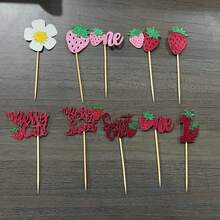 10pcs Strawberry Cake Decorations, Children's Party Supplies Glitter Paper Cupcake Toppers Suitable For Desserts - Multicolor - View 5