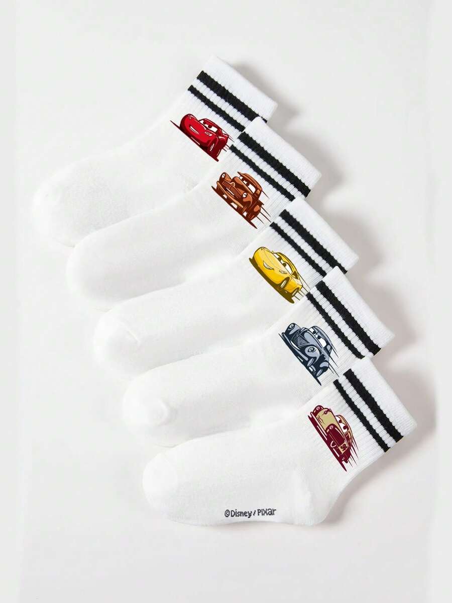 Disney 5双装正品汽车卡通图案儿童中筒袜，黑白条纹，可爱设计，时尚休闲透气学生袜，适合日常穿着、返校季、节日礼物，迪士尼袜子 - 彩色 - 查看 1