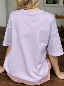 Disney Playful Minnie Mouse Bow Print T-Shirt, Girls' Lavender Preppy Style Loose Cotton Short Sleeve Top - Màu tím hoa cà - Xem 2
