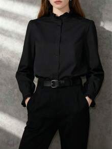 Áo sơ mi nữ màu đen thanh lịch, cổ bèo kiểu Pháp, tay dài, màu trơn, cần thiết cho việc đi làm hàng ngày, áo sơ mi trắng cổ bẻ đa năng cho mọi mùa xuân. - màu đen - Xem 5