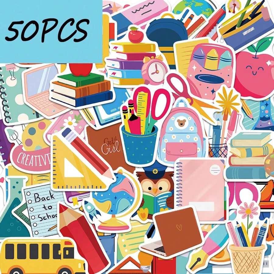 50pcs School Supplies Series Stickers, Suitable For Decorating Notebooks, Suitcases, Phone Cases, Waterproof Stickers - Multicolor - View 1