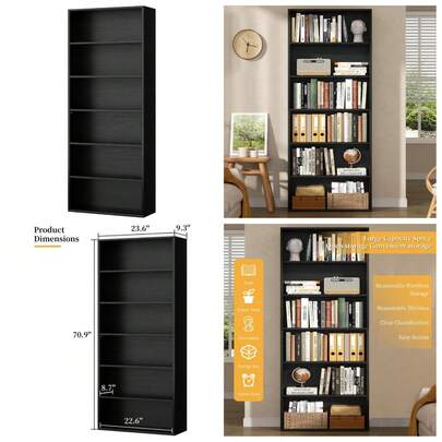 Bookshelf,6-Tier Open Bookcase And Bookshelves,6 Shelf Display Storage Shelves Floor Standing 70.6 Inches Tall Bookcase For Home Office, Living Room (Black)