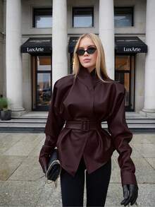 New Spring/Autumn Retro Motorcycle Style Stand Collar Leather Jacket, Fashionable And  Mid-Length Lace-Up Coat - Màu Đỏ Sâu - Xem 9