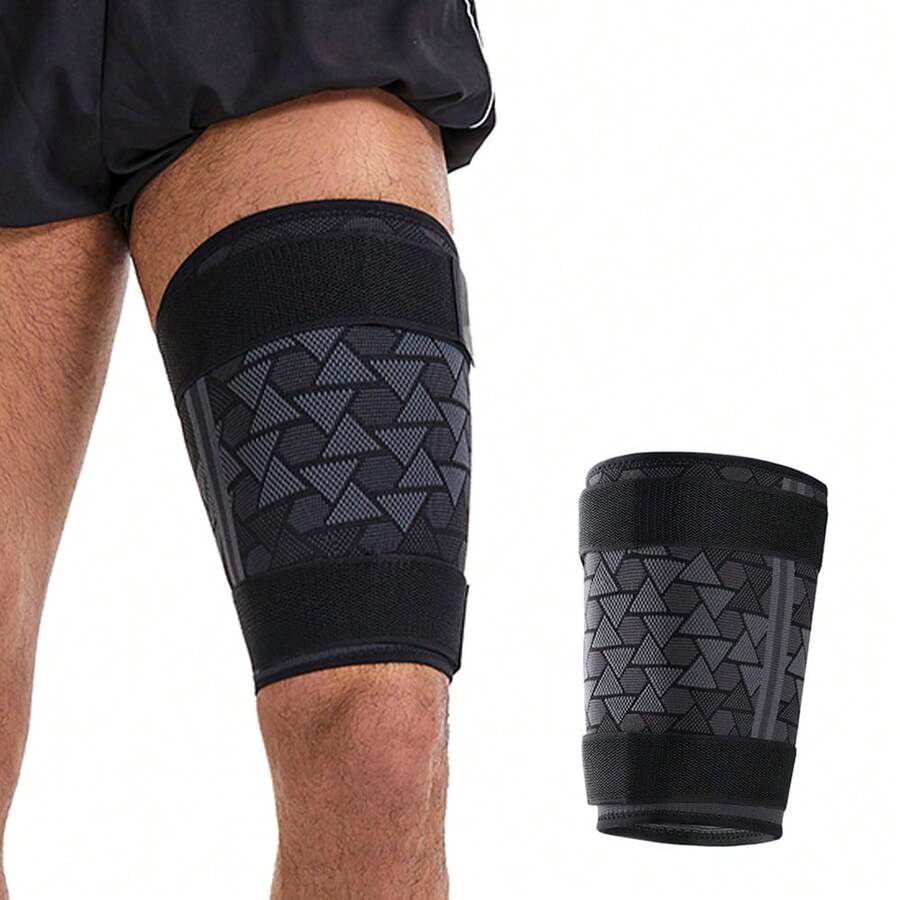 1pc Thigh Compression Sleeve With Adjustable Non-Slip Compression Strap, Elastic & Breathable, Suitable For Men & Women Sports, Fitness, Running - Black - View 1