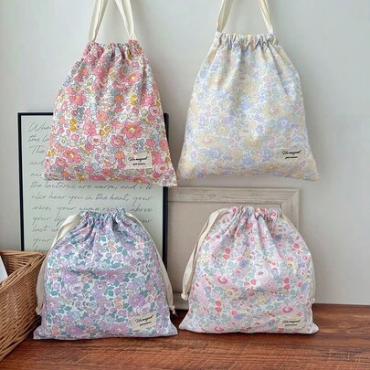 1ชิ้น กระเป๋าหูรูดผ้าฝ้ายลายดอกไม้สไตล์ป่าทำมือ กระเป๋าเก็บของวินเทจสำหรับชุดชั้นใน กระเป๋าจัดระเบียบสำหรับการเดินทาง