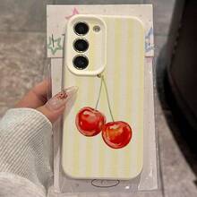 1pc TPU Material Yellow Striped Cherry Pattern Fashionable Phone Case Compatible With Samsung A05s, A12, A13, A14, A14 4G, A15, A21s, A23, A25, A32, A32 5G, A34, A35, A50s, A51, A52, A53, A54, A55, A71, A72, A73, S10, S20 FE, S20 Ultra, S21 Ultra, S22, S22 Plus, S23, S24, Redmi 10C, 12C, Note 10, 11, 12, 13, Pro Plus, Note 8, 9 Pro, Full Protective Soft Phone Case - White - View 2