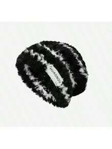 女士针织帽，条纹图案，蓬松保暖加厚护耳帽，大号头围，冬季 - 黑色 - 查看 3