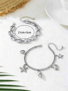 1 Set Fashionable Multi-Layer Chain & Shell Anklet, Women Summer Beach Holiday Gift - Silver - View 4