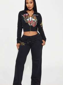 Traje De Mujer Moda Calle Casual Cómodo Pintado Cremallera Con Capucha Posicionamiento Estampado Dos Piezas Ropa De Mujer - Negro - Ver 1