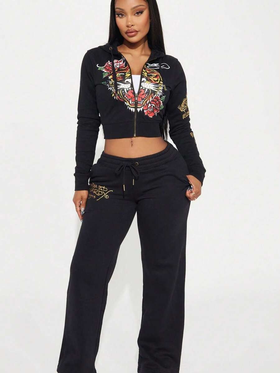 Traje De Mujer Moda Calle Casual Cómodo Pintado Cremallera Con Capucha Posicionamiento Estampado Dos Piezas Ropa De Mujer - Negro - Ver 1