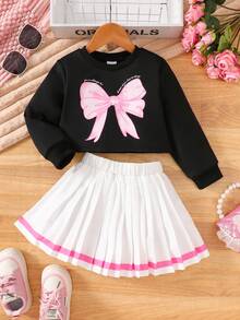 2pcs/Set Girls' Spring/Summer Long Sleeve Top And Pleated Skirt Set, Sweet School Style With Black Cropped Top, Pink Bow Print And White Pleated Skirt With Pink Trim, Loose And Comfortable Fit, Versatile Daily Outfit - Black - View 2