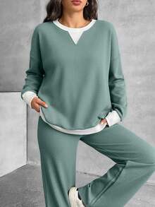 Women's Casual Black Ribbed Knit Set, Contrast Trim Long Sleeve Drop Shoulder Top And Pants - Mint Green - View 6