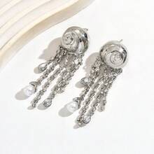 1 Pair Heavily Embellished Long Tassel Earrings, Personalized Luxury Niche Spiral Faux Pearl Earrings, Gift For Valentine's Day, Mother's Day, Birthday, Banquet, Party Wear - Multicolor - View 9