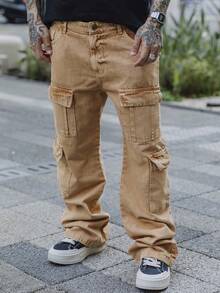 Men's Cargo Jeans With Multiple Pockets And No Elastane. - Orange - View 1