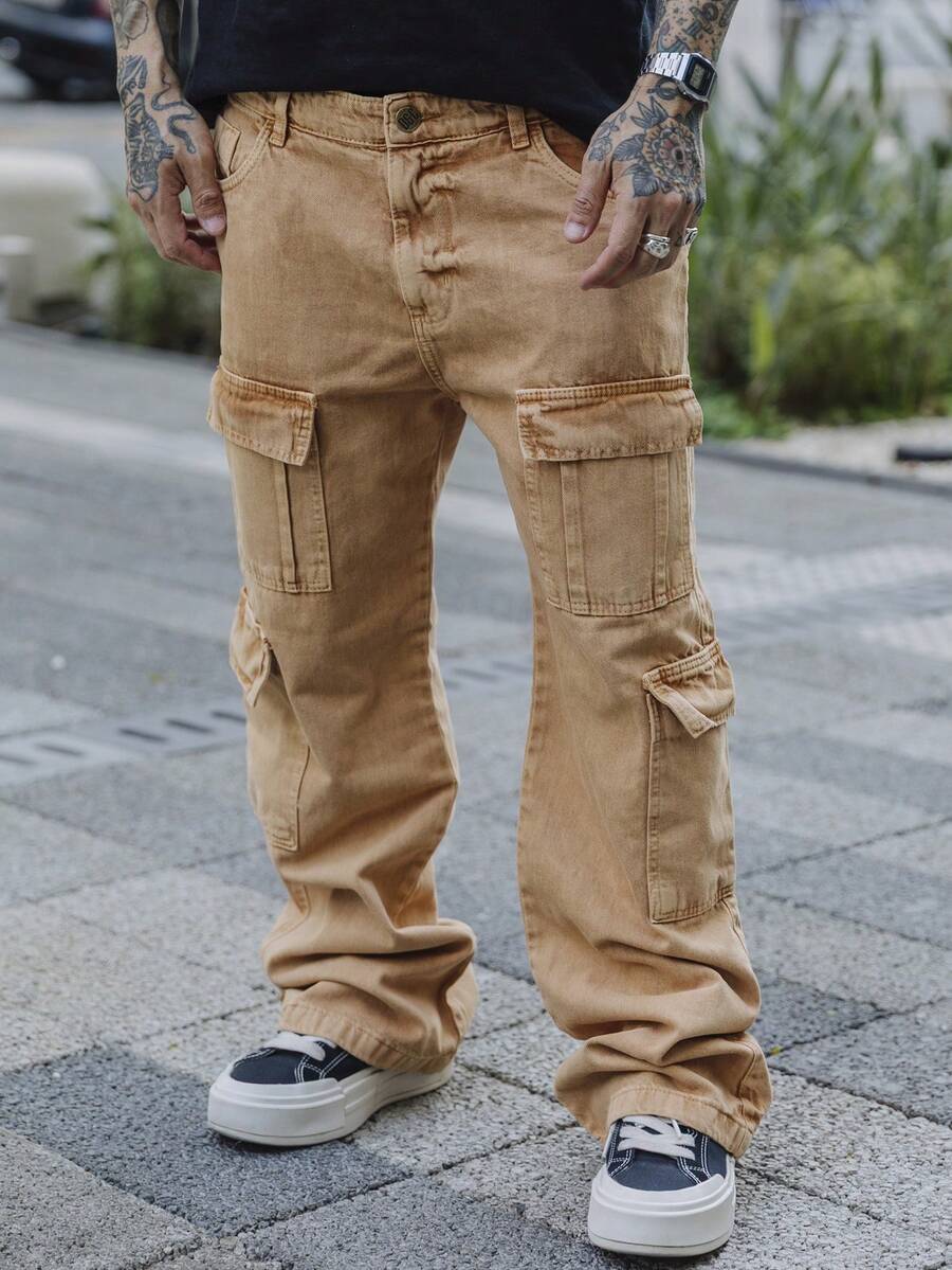 Men's Cargo Jeans With Multiple Pockets And No Elastane. - Orange - View 1