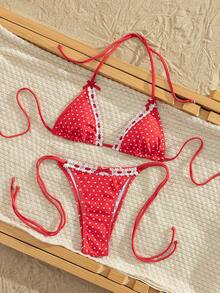 Conjunto de bikini a lunares rojos 2026 nuevo. Parte superior triangular con ribete de encaje, Bottom de natación con lazo delantero. Elegante traje de baño para vacaciones de verano en la playa - Multicolor - Ver 7