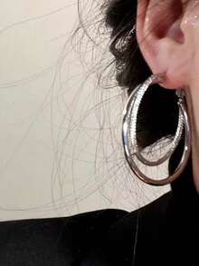 1对极简双圈耳环，时尚高端个性化百搭耳环 - 銀色 - 查看 3