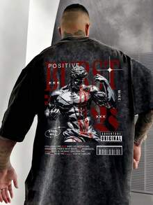 Zrgoth 男士休闲百搭简约雕塑英文标语印花水洗短袖T恤 - 黑色 - 查看 2