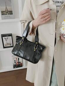 Bolso de hombro con tachuelas en forma de rombo para mujer, bolso de viaje de unicolor - Negro - Ver 6