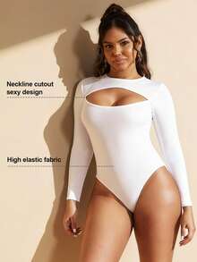 1pc Women Hollow Out Long Sleeve Sexy Chest Shaping Bodysuit - White - View 5