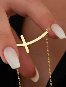 1pc 18K Gold Plated Stainless Steel Women's Cross Necklace, Personalized Side Cross Necklace, Christian Gift, Gift For Her - Gold - View 11