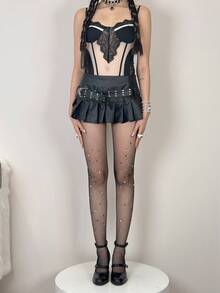 1 Pair Multicolor Asymmetrical Shiny Rhinestone Embellished Fishnet Stockings, Sexy Y2K Style Rhinestone Mesh Tights - Multicolor - View 18