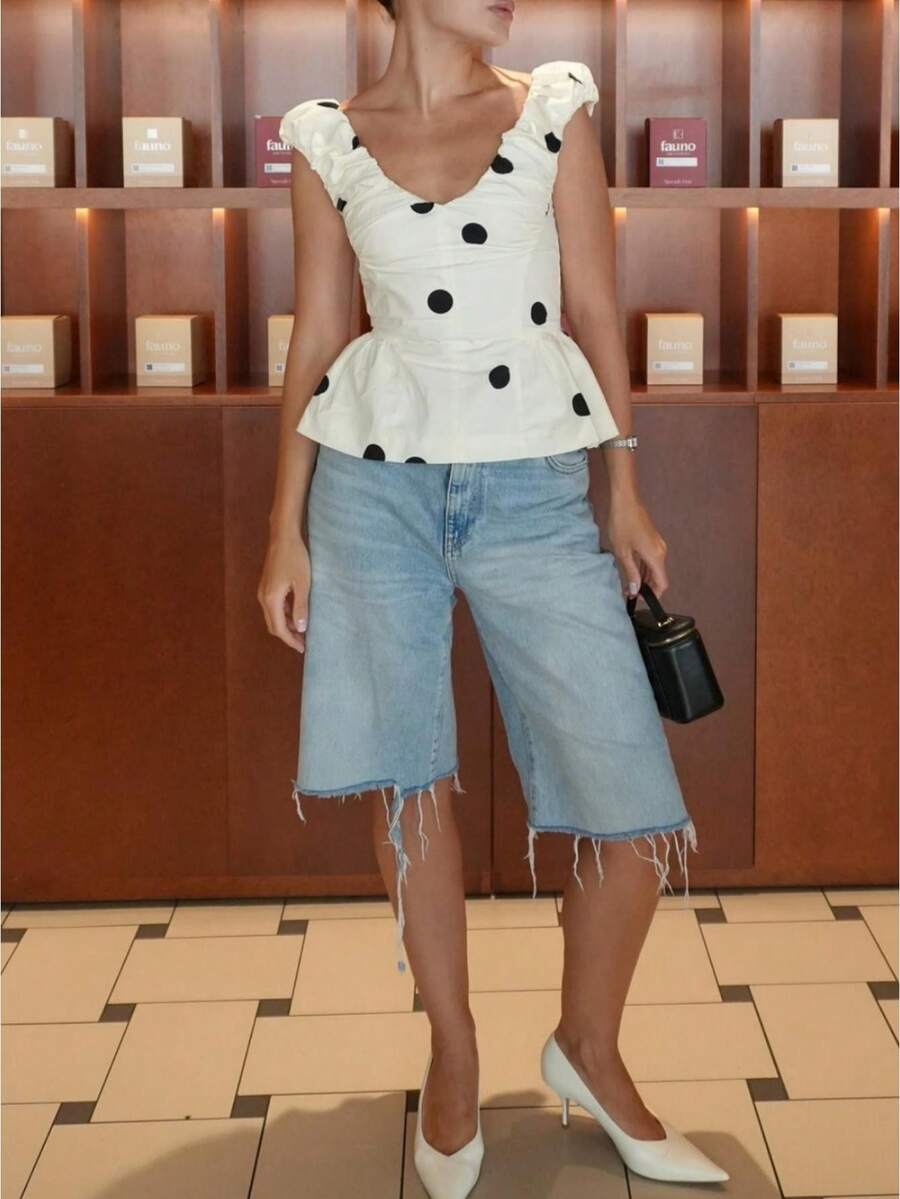 Women's Polka Dots Top Bubble Strap Sleeveless V Neck Zip-Up Backless Elegant Shirt Ruffle Hem Going Out Blouse Top - trắng - Xem 1