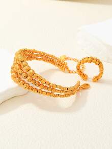 2件套奢华复古镀金首饰套装 - 多股纹理手链，饰以串珠，搭配同款双排珍珠戒指，女士首饰套装 - 金黃色 - 查看 2
