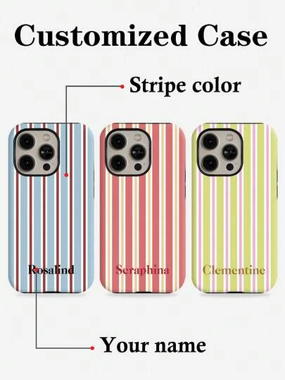1 pièce Étui de téléphone portable personnalisé rétro bicolore rayé avec signature personnalisée. Étui de protection rigide brillant et filmé 2-en-1 compatible avec iPhone 11/12/13/14/15/16 17 Pro Max