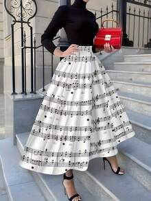 Plus Size Women Music Note Printed Casual Versatile Daily Wear Skirt White Spring - White - View 1