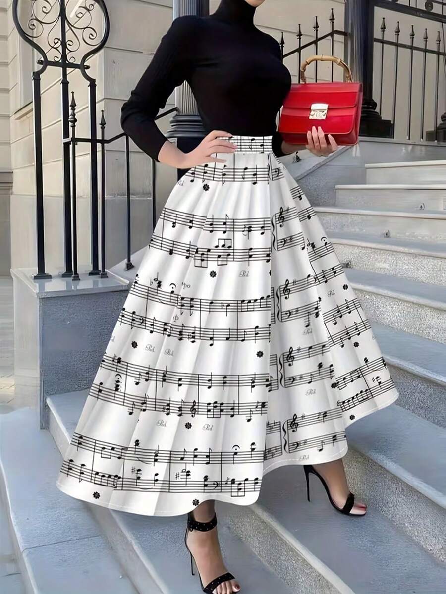 Plus Size Women Music Note Printed Casual Versatile Daily Wear Skirt White Spring - White - View 1