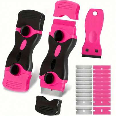 SOKANY 1 Set Raspador de limpieza multifuncional, Raspador para quitar adhesivos, Raspador de vidrio, Herramientas para envolver autos. 1 Raspador doble cara rosa + 10 hojas de metal + 10 hojas de plástico. Adecuado para limpieza de pisos, eliminación de pegatinas de vidrio, descontaminación de cocina, construcción de grietas de belleza, decoración del hogar, publicidad exterior, etc. Una herramienta de limpieza esencial para hogares y profesionales.