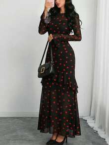 Vuslat 女士黑色红色爱心印花网纱长款连衣裙，立领长袖，层叠荷叶边下摆，优雅百搭，适合情人节派对、鸡尾酒会、街头漫步、约会等场合。 - 紅色 - 查看 8