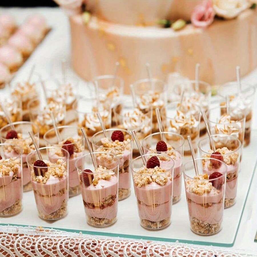 5/50pcs 5 Oz Dessert Cups With Spoons ,Tiramisu Cup Shooting Dessert Cup Clear Plastic Parfait Cups Round Appetizer Cups Fruit, Pudding, Mousse, Ice Cream, Party, Wedding, Valentine's Day New Year (An Additional 5 Spoons) - Transparent - View 1