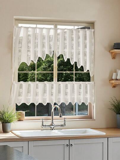 1 Set 2pcs White Lightweight Sheer Lace Curtains With Floral & Butterfly Pattern - Semi-Transparent Half Curtain, Rod Pocket Design, Suitable For Bedroom, Living Room, Kitchen, Bathroom And Wardrobe Decor, Living Room Curtain | Room Decor