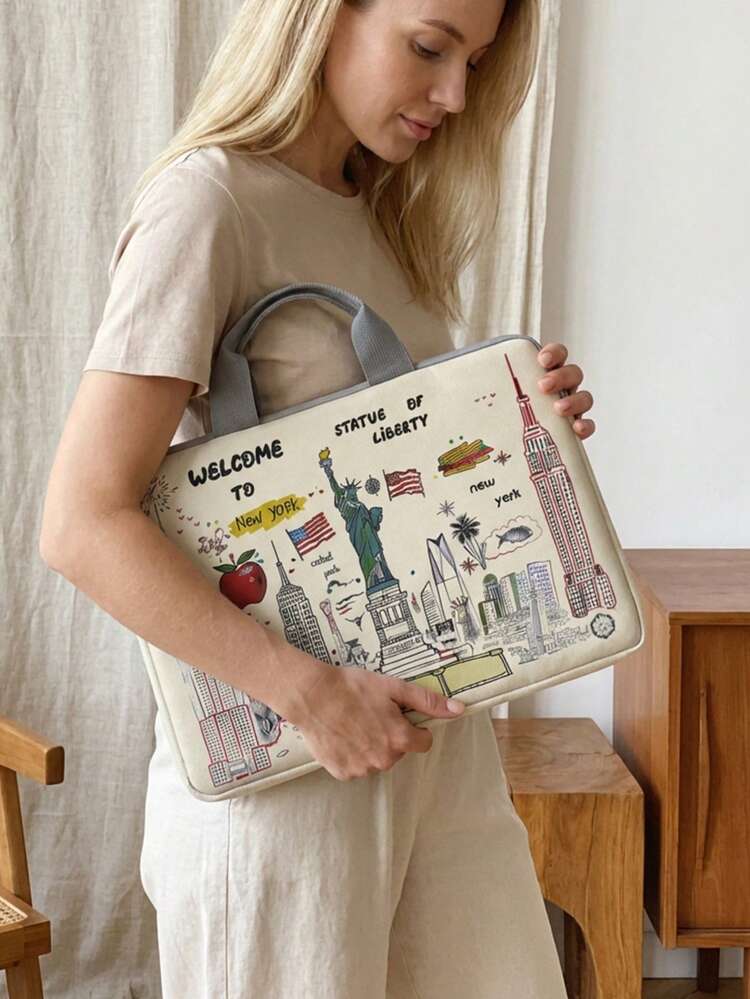 Random Pattern Printed Laptop Sleeve, Laptop Bag, Accessories, Soft Laptop Sleeve, Soft Laptop Case, Laptop Sleeve, Tablet PC Leather Case, Zipper Laptop Sleeve, School/Business Office Laptop/Computer/Shoulder Bag, Ins/Y147k Style, Portable, Unisex, Cute, Water-Resistant/Waterproof, Lightweight, Portable, Minimalist, With Laptop Compartment, Large Capacity, School, Office, Women, Work, Commute, Multifunctional - Multicolor - View 2