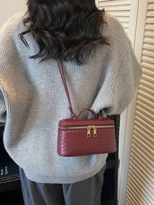 1pc Fashion Women's Crossbody Bag, Solid Color Square Handbag, Box-Shaped, PU Leather Woven Texture, Zipper Closure, Adjustable Strap, Casual Daily Bag Suitable For Young Women - Travel, Work, Shopping, Dating, Gift, Office - Burgundy - View 8