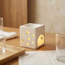 Ramadan Theme Hollow Moon & Star Ceramic Aroma Diffuser Candle Warmer Oil Lamp, Suitable For Eid Al-Fitr Home Decor [Candle Not Included] - Square Star and Moon Aroma Burner - View 3