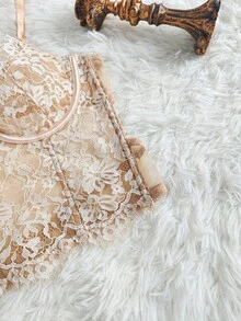 Floral Lace Deep V-Neck Camisole - Sheer Mesh Tank Top - Apricot - View 4