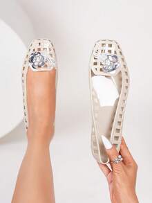 韩版果冻鞋，女士时尚低帮镂空方头平底休闲鞋 - 米色 - 查看 8