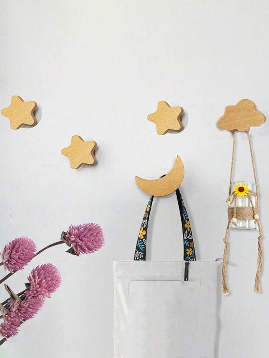 1pc Wooden Cabinet Knob With Star, Moon & Cloud Pattern, Multifunctional Drawer Pull Handle - Scandinavian Style Knob Made Of Natural Birchwood, Cute Pull Handle With Screws, Vintage Home Decor, Hardware Accessory, Easy Installation - Multicolor - View 1