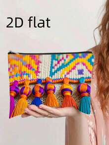 1个2D扁平亮丽流苏印花化妆包 - 耐用、不褪色拉链袋，双面印花，轻便可折叠旅行收纳包 - 彩色 - 查看 7