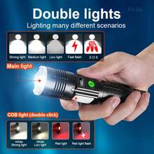 1个强光LED手电筒，30W LED+COB灯（白光和红光），便携式可充电手电筒，1节18650电池供电，铝合金材质，伸缩变焦，数字显示，移动电源，户外防水LED手电筒，功能强大的多功能手持手电筒，带强磁铁和侧夹，适用于露营、钓鱼、徒步旅行、狩猎、探险、紧急情况、运动等。 - 30W+COB - 查看 4