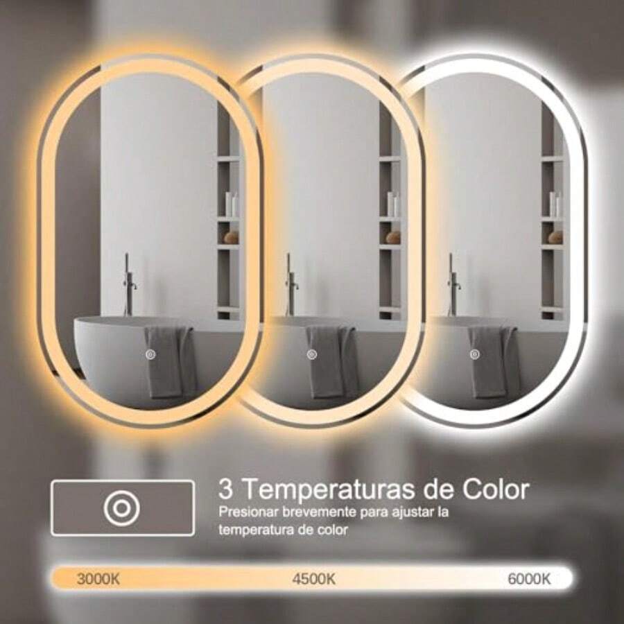 Espejo para Baño con Luz LED, Dimensiones 80 x 40 cm, Bordes Táctiles Inteligentes, Regulable con 3 Tonos de Luz (Fría, Cálida, Neutra), para Baño o Tocador - Blanco - Ver 1