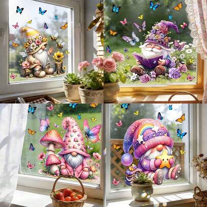 1/4 pezzi Adesivi per finestre a forma di gnomi primaverili, con farfalle e fiori colorati, adesivi statici biadesivi anti-collisione per uccelli, per porte scorrevoli in vetro, soggiorno, cucina, decorazioni per la casa