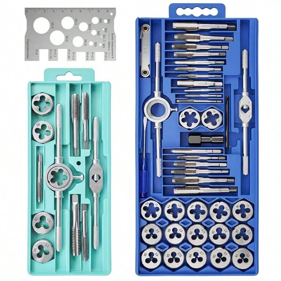12pcs Metric Hand Tap And Die Set - M3-M12 Thread Plug Gauge Straight Flute Taps, Metal Thread Processing, Thread Cutting Tools, Suitable For Internal And External Thread Processing, Household Essential - One Size - View 1